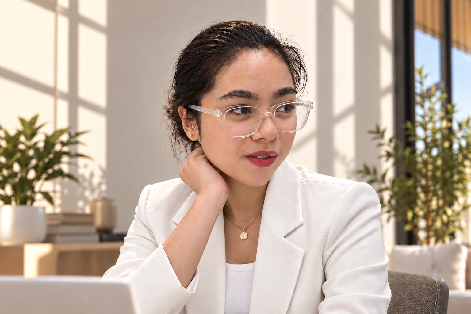 Jahnna Gloria seated in a sunlit room, wearing an ivory blazer